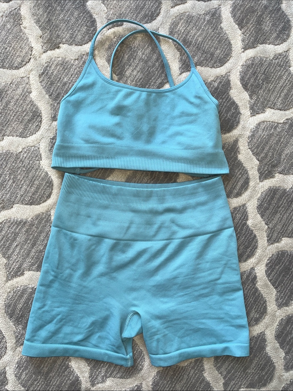 Seamless Aqua Ribbed Sports Bralette and High-Waist Shorts Set